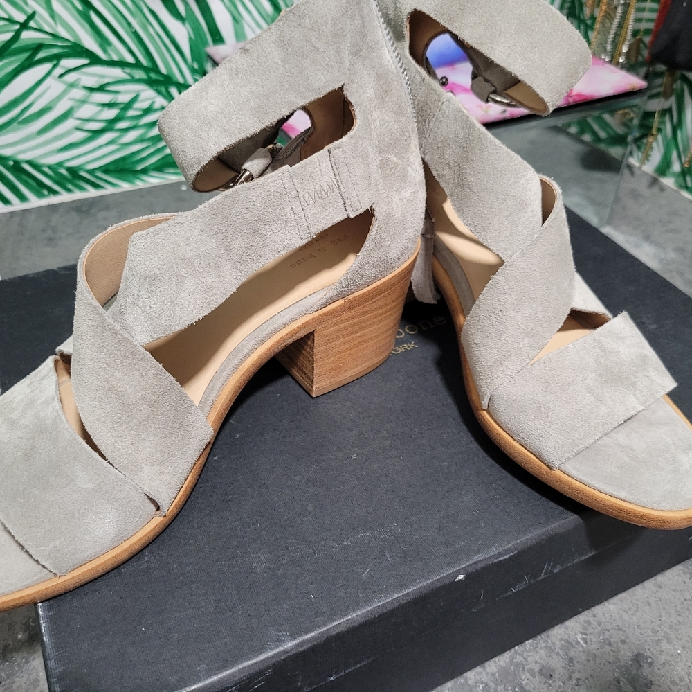 Mari suede sandals, approximately 1.5 in heel